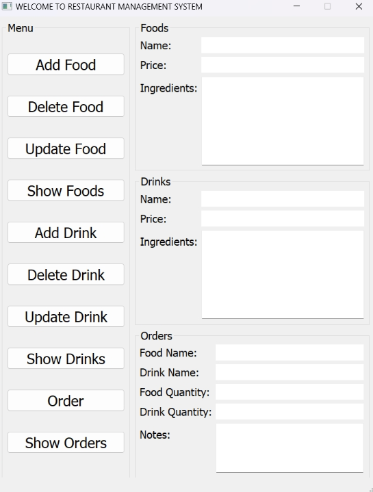 Screenshot of the Restaurant Management System